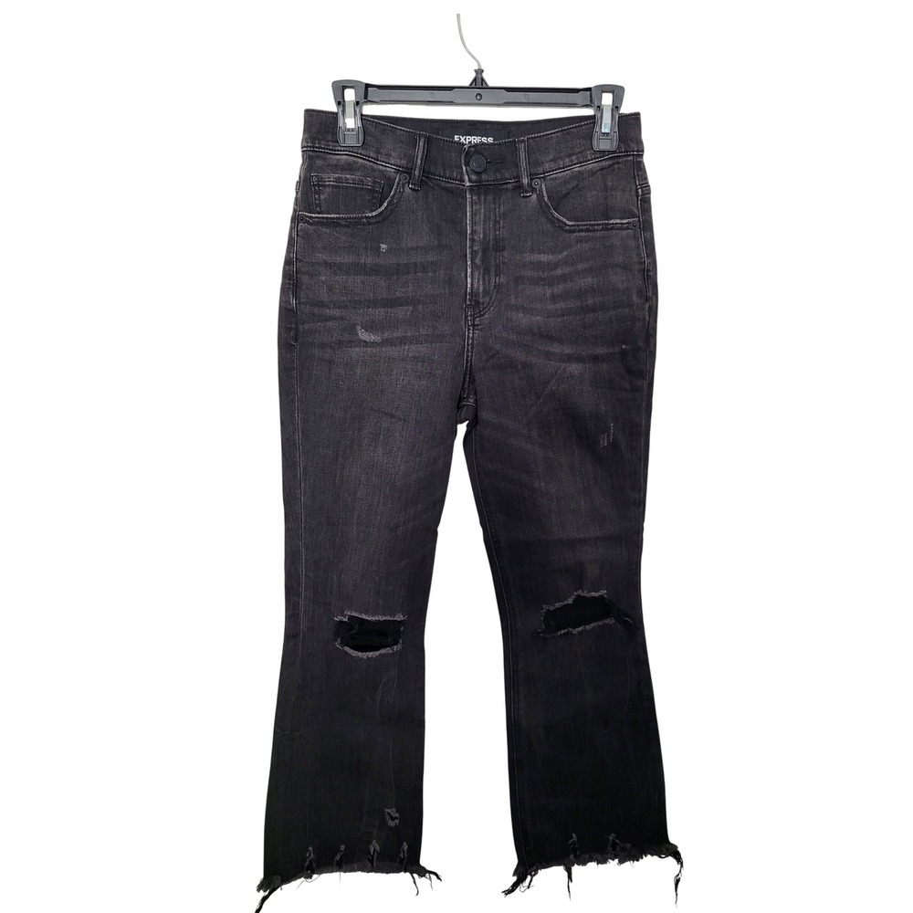 Express Crop Flare Jeans Women 2 Black High Rise Distressed Raw Hem Faded Denim